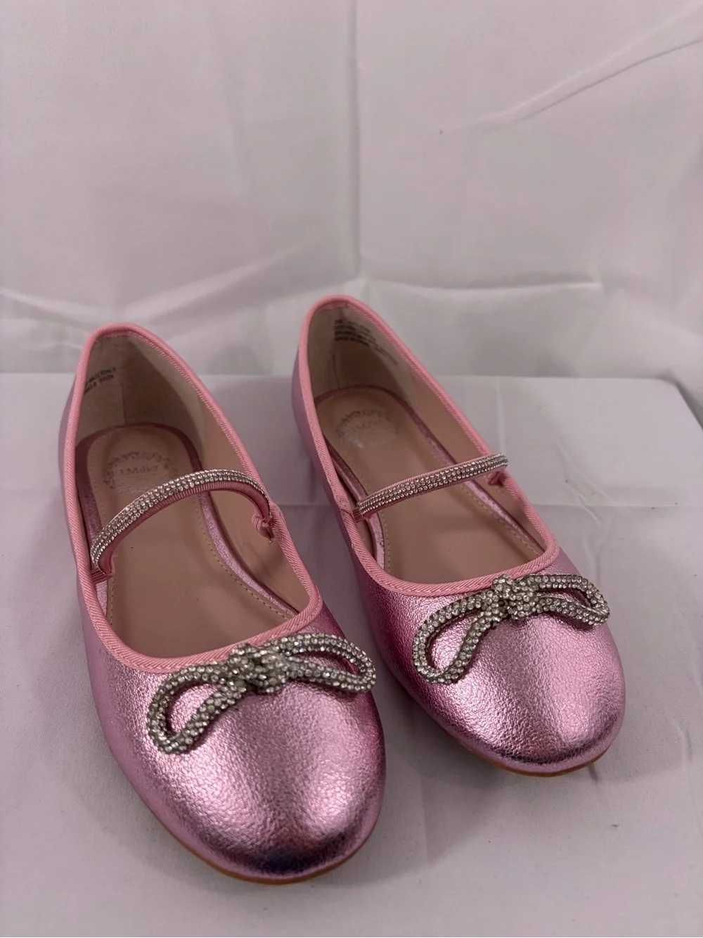 NWT Nicole Miller Youth Size 3 Metallic Pink Ballet Flats with Rhinestone Bow